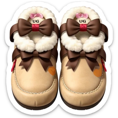 Beige fluffy ugg slippers with a dark brown bow sticker