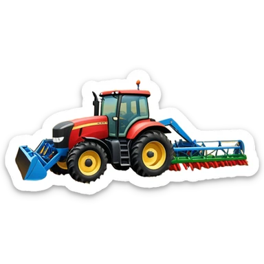 An icon representing a Farming Simulator 22, with a detailed tractor, plowing fields under a bright sky with a colorful rural landscape. The design includes farming tools, crops and barns, symbolizing the immersive experience of managing a farm. Transparent background. sticker