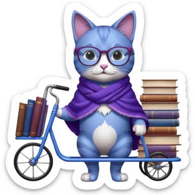 Purple and blue cat with reading glasses and a shawl, standing behind a cart full of books sticker
