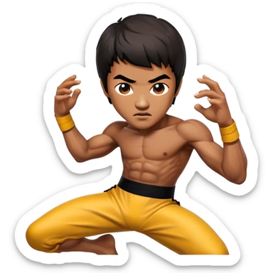 Cinematic Realistic Bruce Lee Portrait Emoji, depicted as a dynamic martial arts icon with an intense gaze and athletic physique caught in a fluid motion, rendered with vivid textures and energetic lighting that embodies his legendary prowess. sticker