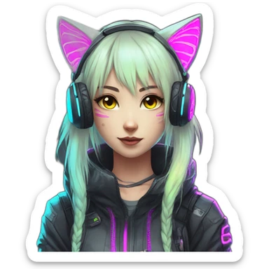 Anime cat gamer girl cyberpunk neon sticker