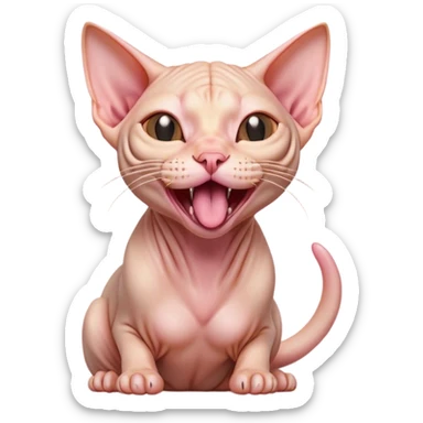 Cinematic Cute Yawning Sphynx Cat Portrait Emoji, Head tilted slightly with a dramatic, wide-open yawn, delicate, hairless skin in soft peach and pink tones, long, elegant limbs stretching lazily, piercing almond-shaped eyes that are barely open, Simplified yet irresistibly adorable features, highly detailed, glowing with a soft, cozy glow, high shine, relaxed yet expressive, stylized with a touch of whimsy, bright and endearing, soft glowing outline, capturing the essence of a sleepy yet affectionate kitty, so drowsy it feels like it could stretch right out of the screen and curl up for a nap! sticker