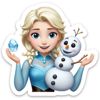 Cinematic Funny Elsa Portrait Emoji, Making a tiny snowman in her hands with a proud grin, looking smug as it dances, an unexpectedly hilarious moment of icy creativity! sticker