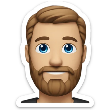 White man with a slight sun kissed tan, blue eyes and brown hair. He has a beard and mustache trimmed. Wears black clothing and wears his hair styled sideways backwards. sticker