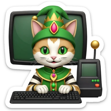 mac os icon code computer retro terminal, black, green white, fantasy court jester cat draw as ASCII code inside the terminal sticker