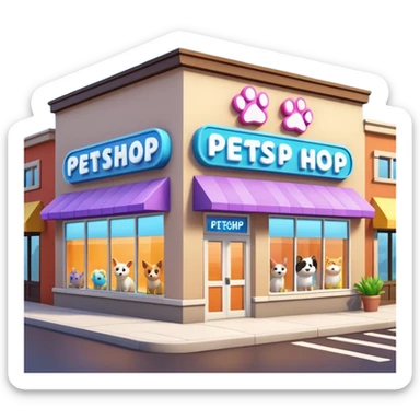 Modern building of a pet shop with a big glowing sign that says PETSHOP on the front. Colorful storefront, large windows showing pet products inside, cute animal illustrations on the walls, warm and friendly atmosphere, daytime, high-quality detailed render sticker