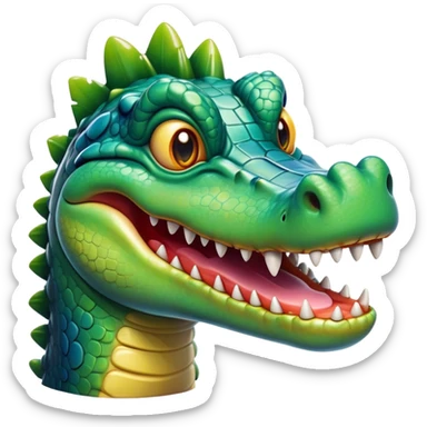 Cinematic Realistic Comical Crocodile Portrait Emoji, Head tilted dramatically with an exaggeratedly amused expression, featuring a striking, glossy scaly hide with bold textures and wide, expressive eyes full of playful disbelief, rendered with vivid natural hues and lifelike detail, high shine, dramatic yet playful, styled with an air of cheeky aquatic mischief, soft glowing outline, capturing the essence of a spirited and over‐the‐top crocodile that looks ready to snap its jaws in a burst of viral wild humor! sticker