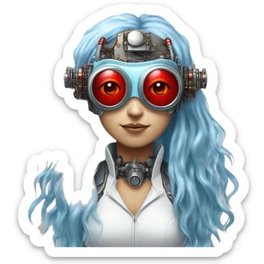 Light blue long hair female cyborg head with red steampunk goggles and circuits sticker