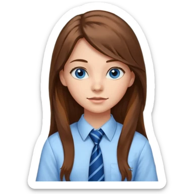 high school class room with a blackboard, with a pretty female high school student with long brown hair, blue eyes, wearing a tie sticker