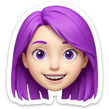 A cute 3D animated emoji character of a young girl face with vibrant purple hair. She has big expressive eyes and a wide happy smile showing teeth. The style is like a Pixar or Disney movie character, soft textures, high quality CGI render, isometric view, on a solid plain white background. sticker