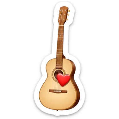 “Flat vector icon of a Cuban tres guitar in three-quarter view, warm brown, thick outline, centered on a warm cream or beige rounded-square (or circle); near the soundboard add a small red or pink heart with a soft glow and 2–3 tiny sparkles to suggest ‘soul’.  sticker
