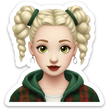  Pale skinned girl, dark green space buns hairstyle, wearing a red flannel, hoop earrings, thick wing eyeliner sticker