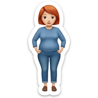 Lazy old Short woman with straight short red hair and fat tummy..wears business casual loose jeans and full sleeve  tshirt. Not smart looking ill fitting clothes sticker