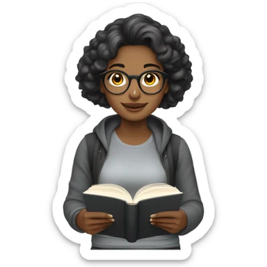 una chica de pelo medio ondulado negro y media morena con top gris leyendo un libro con audifonos sticker