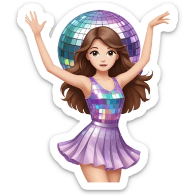 Girl with long brown hair  white girl dancing like nobody’s watching, cute elegant quirky  discoball in background pastel  sticker