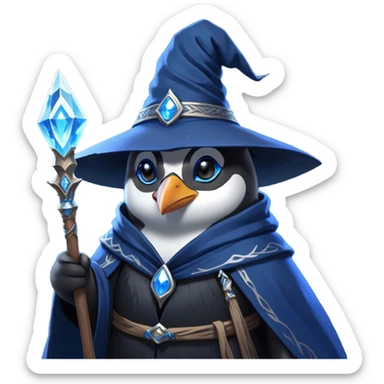 A mysterious penguin mage with sleek midnight-blue feathers, wearing a flowing black robe adorned with silver runes. A tall, pointed wizard hat sits slightly tilted on his head, the brim casting a shadow over his glowing icy-blue eyes. His flipper clutches an ancient wooden staff topped with a swirling crystal, radiating a soft, cold light. Snowflakes drift around him as he stands on a frozen cliff, his aura crackling with arcane energy, ready to summon a blizzard with a flick of his staff. sticker
