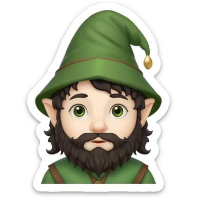 Gnomo con, capelli ricci scuri, occhi marroni, cappello verde sticker