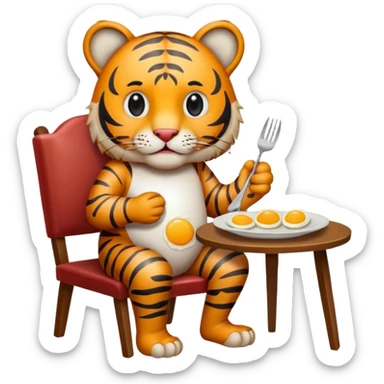 Tiger sitting by a table on a chair, with a plate of eggs and bacon in front of him on the table sticker