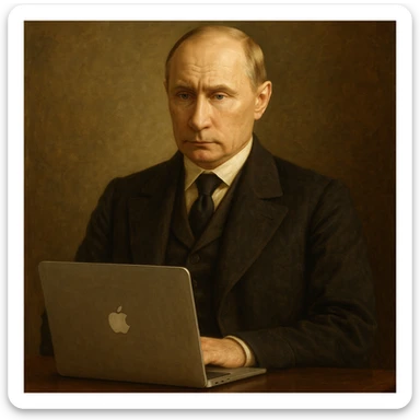 Historical leader portrait-style Vladimir Putin with a MacBook on a desk sticker