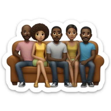 (five black men) standing around a light-skinned girl sitting on a sofa sticker
