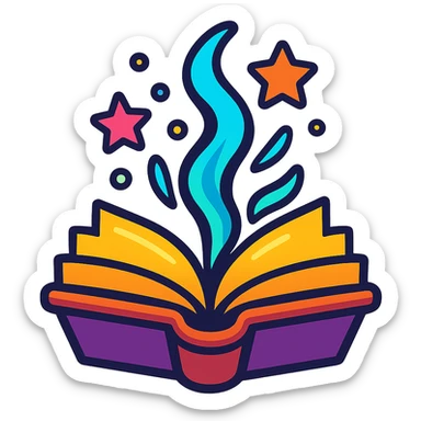 animated icon of a fantasy book opening, emitting magical energy, colorful and eye-catching sticker