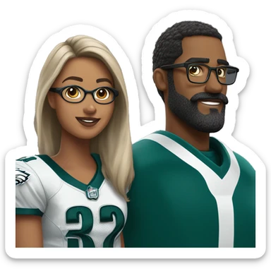 Brown skin couple in Philadelphia Eagles clothing guy has a beard and mustache girl has glasses and her hair in a bun sticker