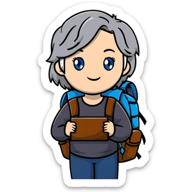 white woman park ranger with blue eyes, brown and gray hair, wearing a backpack sticker