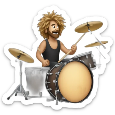 Log haired drummer on a drumkit sticker