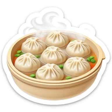 Hangzhou Xiaolongbao steamed soup dumplings with steam rising, simplified emoji style with bold outlines and bright colors, cartoon style Zhejiang specialty sticker