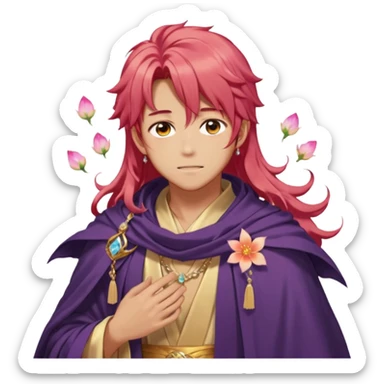 Beautiful gorgeous blushing anime guy with beautiful fiery-special-medium-long-hair, fashion aesthetic, ethereal, fairycore, pastelcore, flower petals, crystals, layered robes, toga, cloak scarf, accessories, jewelries, gold, colorful, shiny, trending style, outside sticker