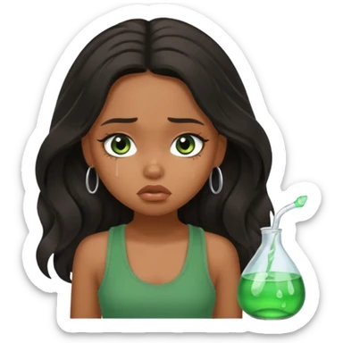 a pretty bratz brown girl with long wavy black color hair, brown eyes and green tank who is depressed and sad sticker