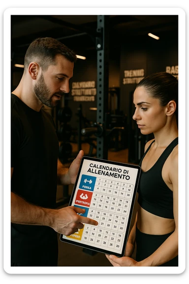 realistic cinematic photo a personal trainer and a client stand in a modern gym, reviewing a large, color-coded training calendario or chart on a tablet. The calendario shows different phases (Forza, Ipertrofia, Resistenza, Recupero) with icons and dates. Around them, gym equipment and motivational posters reinforce the idea of structured, periodized training. in italiano sticker