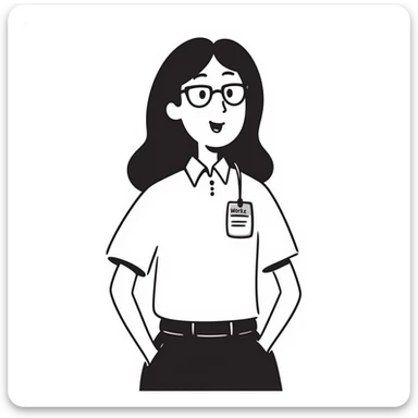 Asian girl, glasses, white shirt, work tag with her Asian young male boss's name, simple line drawing style sticker