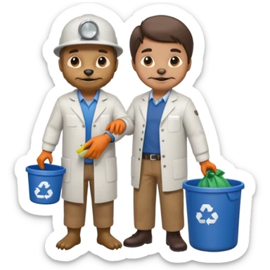 an otter disguised as a man picking up trash bins, next to a mad scientist sticker