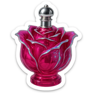 prabangus eliksyro buteliukas, rožės žiedo forma, sodri rožinė spalva, sidabrinės ir holografinės detalės, labai mažas kaklelis, vientisas dugnas, skaidrus fonas, buteliukas plūduriuoja ore, be pagrindo ar šešėlio, modernus, kolekcijai tinkamas, magiški efektai sticker