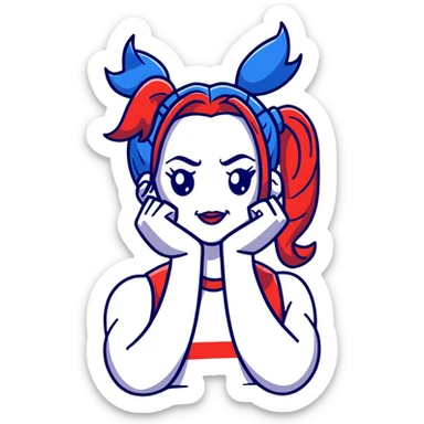 Harley Quinn style hair with red and blue ponytails sticker