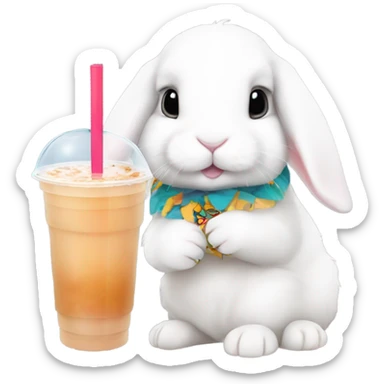 White mini lop rabbit drinking boba tea sticker