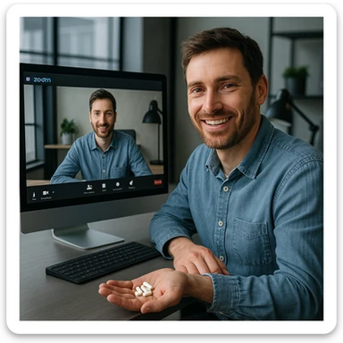 Man in his mid-30s at desk, Zoom call on screen, smiling for camera, hidden hand holding caffeine pills, screen reflection shows tired, collapsed posture, virtual avatar upright, hyperrealistic 4K, modern office sticker