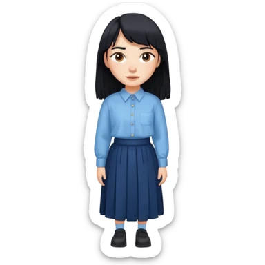 hair : black long hair with fringe 
skin : light with freckelt
cloth : oversize light blue shirt + navy long long skirt 
 sticker