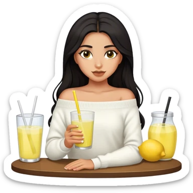 Latina girl with dark long hair and dark eyes and olive skin wearing white off shoulder sweater with lemonade sticker