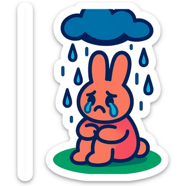 marshmallow bunny sitting with tears under a raincloud, vibrant-toon style sticker