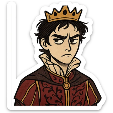 annoyed prince with crown, very light skin, dark eyes, dark hair, distinct style sticker