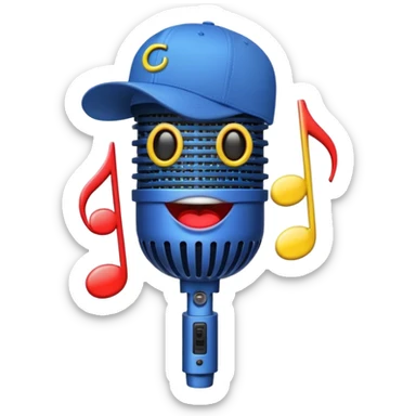 Create a bold and playful emoji that represents beatboxing. The design should feature a microphone with a cap placed on top, with large lips peeking out from under the cap. From the lips, bass clef symbols are bursting outward, symbolizing the vocal percussion and rhythm of beatboxing. Add soundwaves or beat patterns to reflect the energetic and creative nature of the art form. Use vibrant, bold colors like neon blue, red, and yellow to convey the street culture and intensity of beatboxing. The background should be transparent. sticker