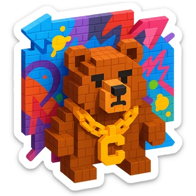 Russian grizzly bear with a chunky rapper chain, graffiti background sticker
