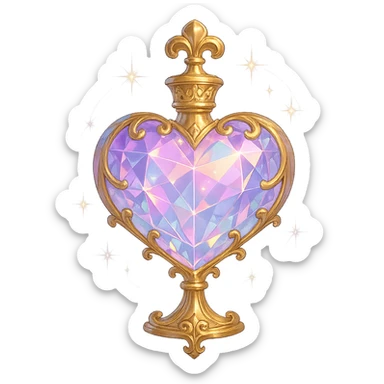 very luxurious crystal heart-shaped elixir bottle, pastel gradient, lots of glowing shine, facets, ornaments, golden details, magical effects, very small golden neck, transparent background, beautiful connected base, clearly floating in air, no base or shadow, premium class, matching collection sticker