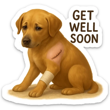Add a 'get well soon' sign next to the dog. Keep the background transparent. sticker