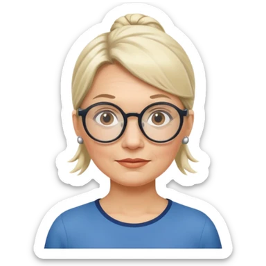 middle-aged Norwegian woman with a low ponytail and large round glasses sticker
