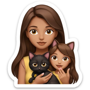 pretty girl with brown long hair and makeup, holding a black kitten, emoji style sticker