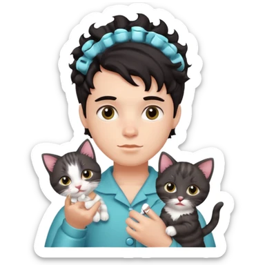 dark-haired boy with curlers and a kitten sticker