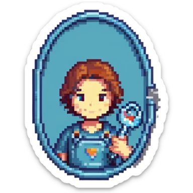 Oval badge shape with simple pixel art technician holding car tool key, bright colors sticker